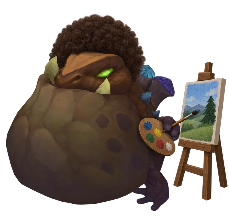 Gromp with curly painter hair, a palette and canvas
